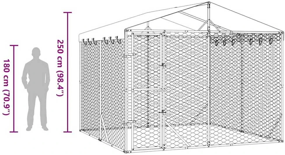 Lauko voljeras šunims su stogu, sidabrinis, 3x3x2,5m, plienas
