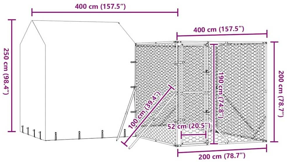 Lauko voljeras šunims su stogu, sidabrinis, 4x4x2,5m, plienas