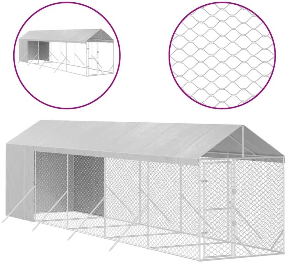 Lauko voljeras šunims su stogu, sidabrinis, 2x10x2,5m, plienas