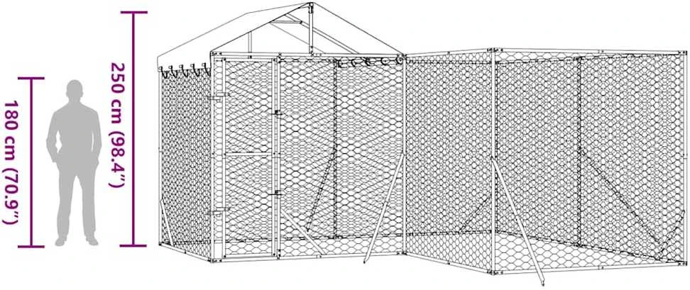 Lauko voljeras šunims su stogu, sidabrinis, 4x4x2,5m, plienas