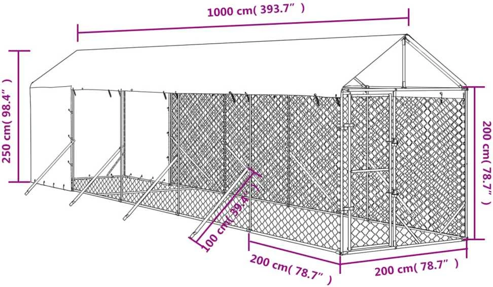 Lauko voljeras šunims su stogu, sidabrinis, 2x10x2,5m, plienas