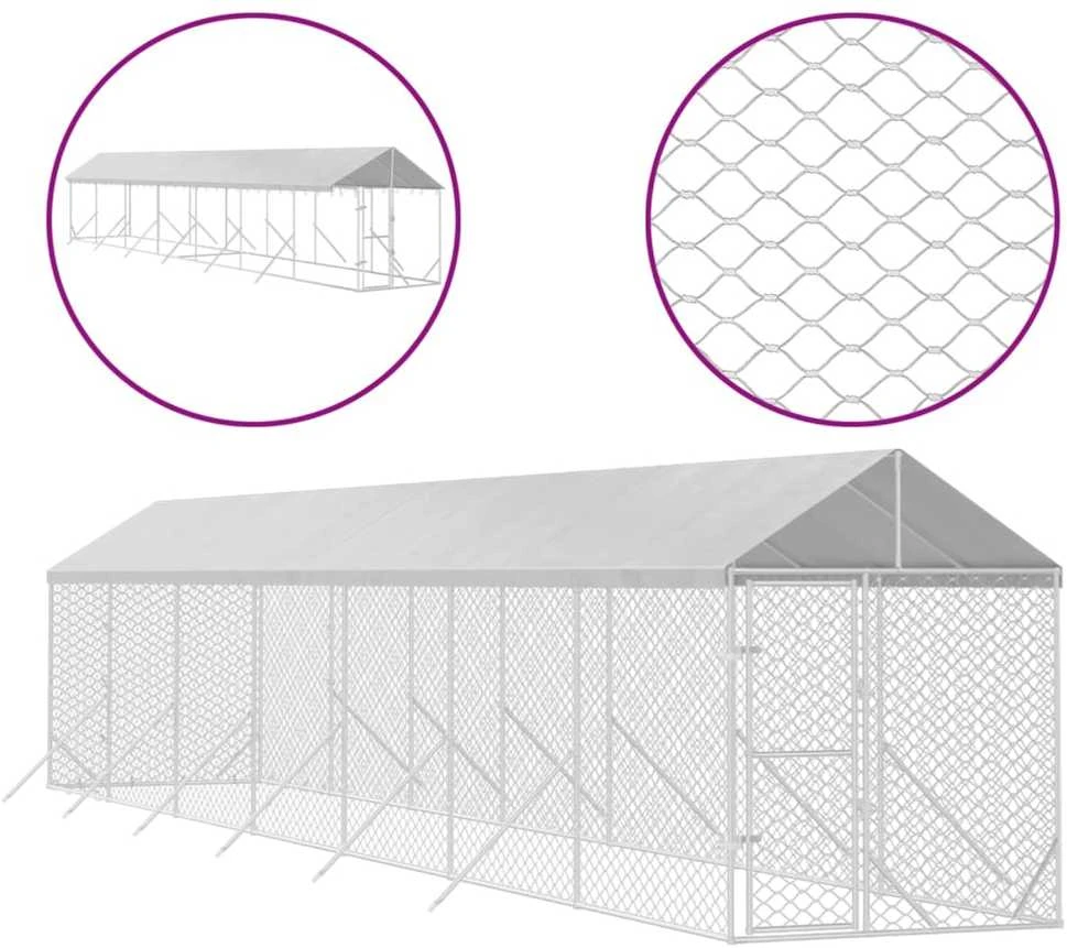 Lauko voljeras šunims su stogu, sidabrinis, 2x14x2,5m, plienas