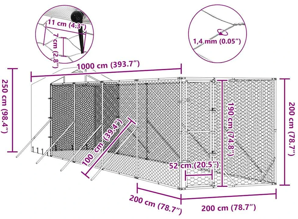 Lauko voljeras šunims su stogu, sidabrinis, 2x10x2,5m, plienas