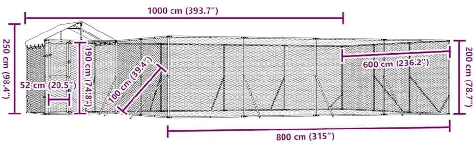 Lauko voljeras šunims su stogu, sidabrinis, 10x6x2,5m, plienas