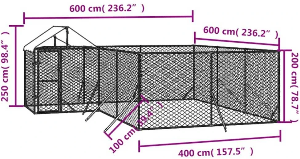 Lauko voljeras šunims su stogu, sidabrinis, 6x6x2,5m, plienas