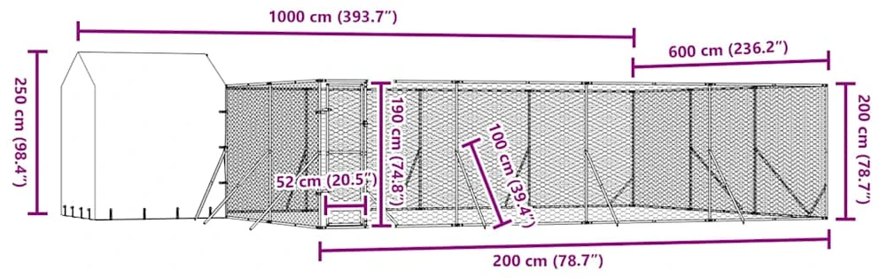Lauko voljeras šunims su stogu, sidabrinis, 10x6x2,5m, plienas