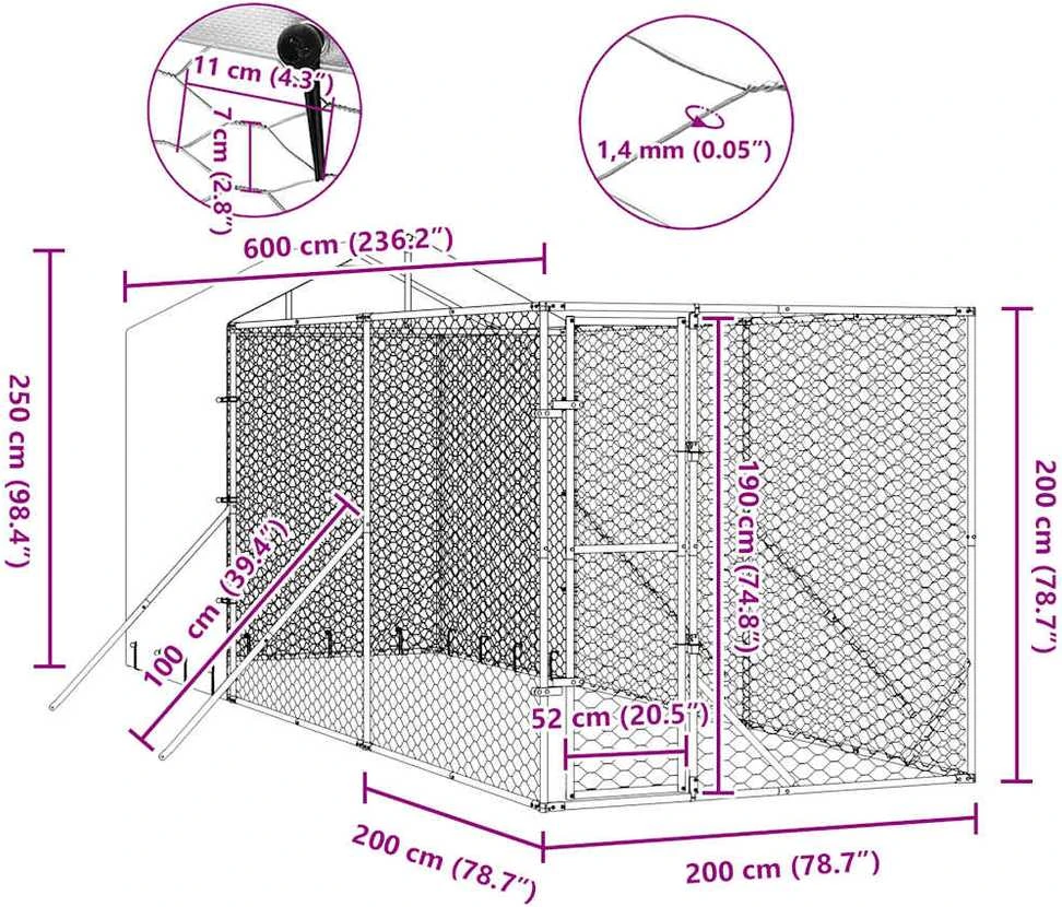 Lauko voljeras šunims su stogu, sidabrinis, 2x6x2,5m, plienas