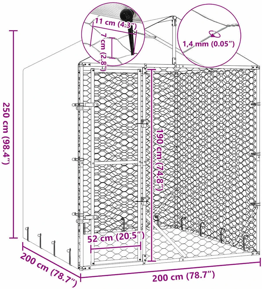 Lauko voljeras šunims su stogu, sidabrinis, 2x2x2,5m, plienas