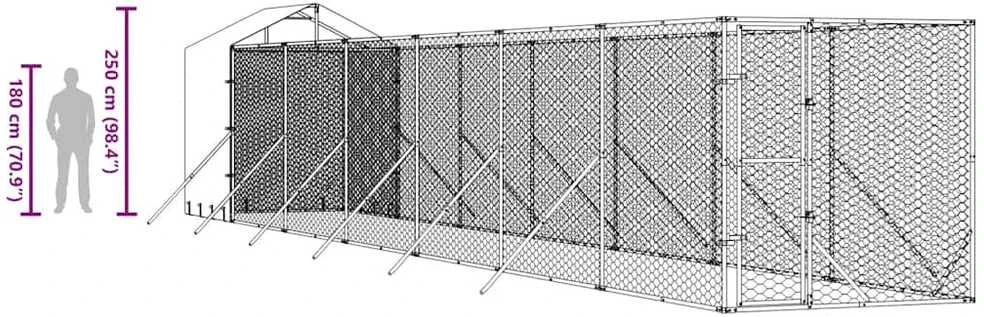 Lauko voljeras šunims su stogu, sidabrinis, 2x14x2,5m, plienas