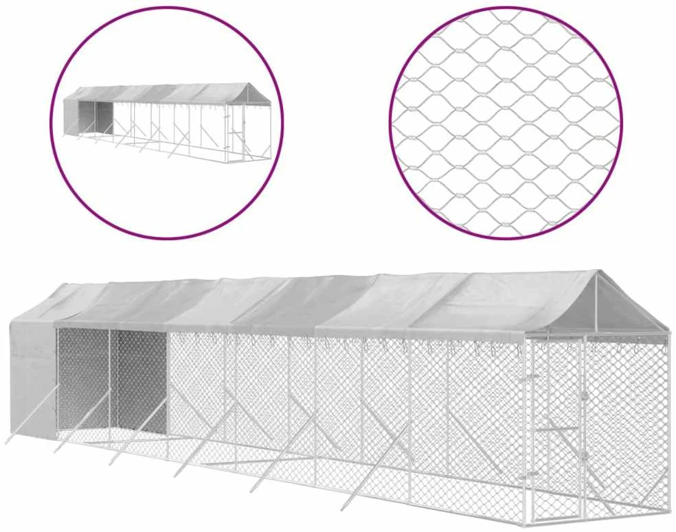 Lauko voljeras šunims su stogu, sidabrinis, 2x14x2,5m, plienas