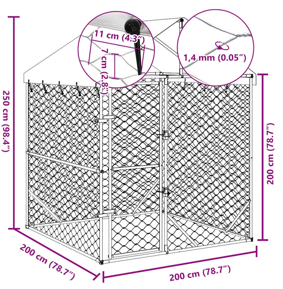 Lauko voljeras šunims su stogu, sidabrinis, 2x2x2,5m, plienas