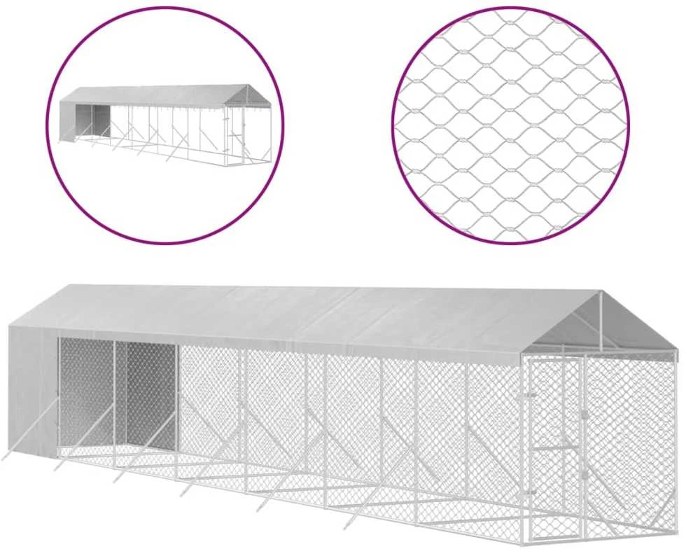 Lauko voljeras šunims su stogu, sidabrinis, 2x14x2,5m, plienas