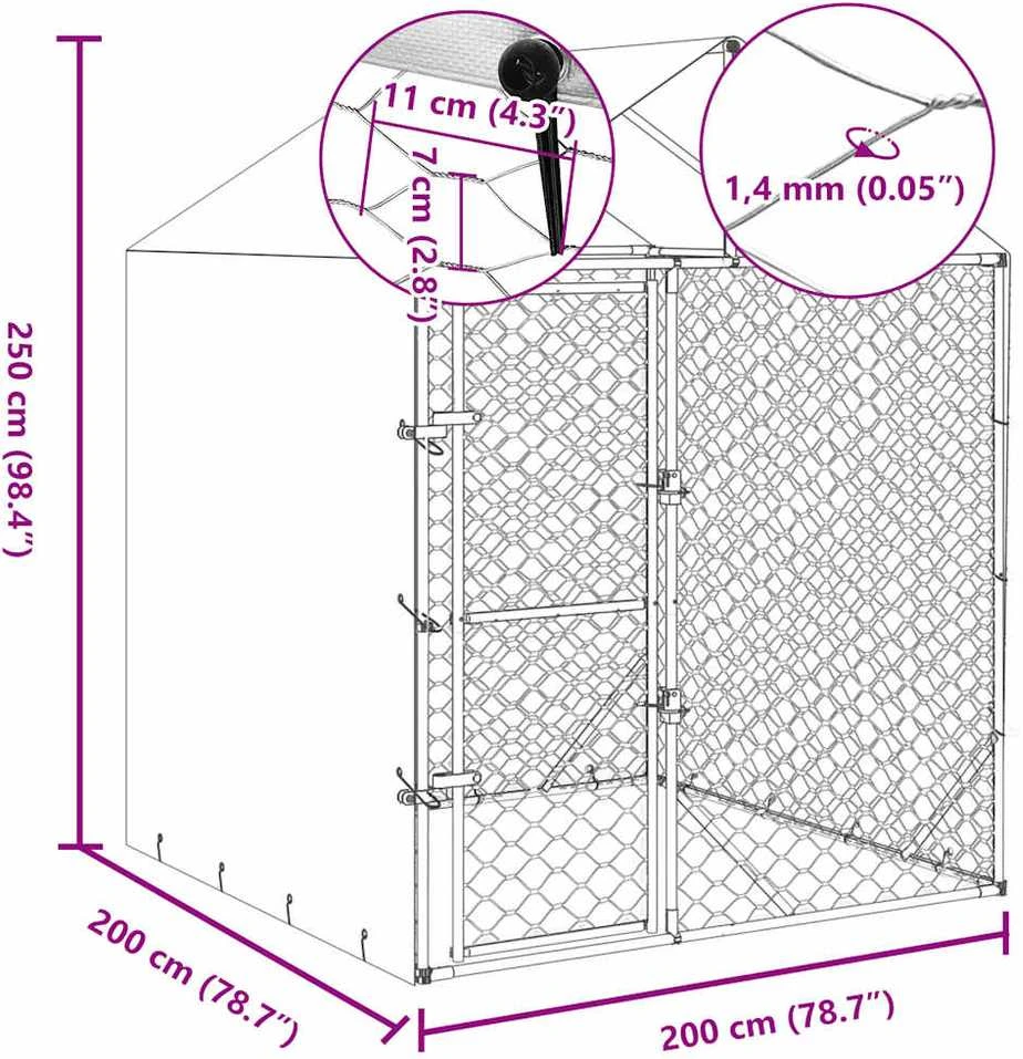 Lauko voljeras šunims su stogu, sidabrinis, 2x2x2,5m, plienas