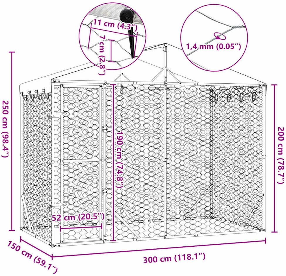 Lauko voljeras šunims su stogu, sidabrinis, 3x1,5x2,5m, plienas