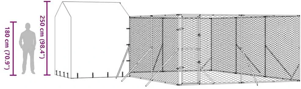 Lauko voljeras šunims su stogu, sidabrinis, 6x6x2,5m, plienas