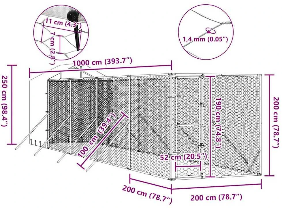 Lauko voljeras šunims su stogu, sidabrinis, 2x10x2,5m, plienas
