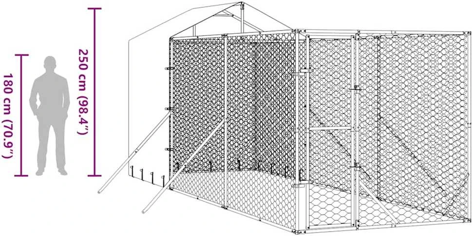 Lauko voljeras šunims su stogu, sidabrinis, 2x6x2,5m, plienas