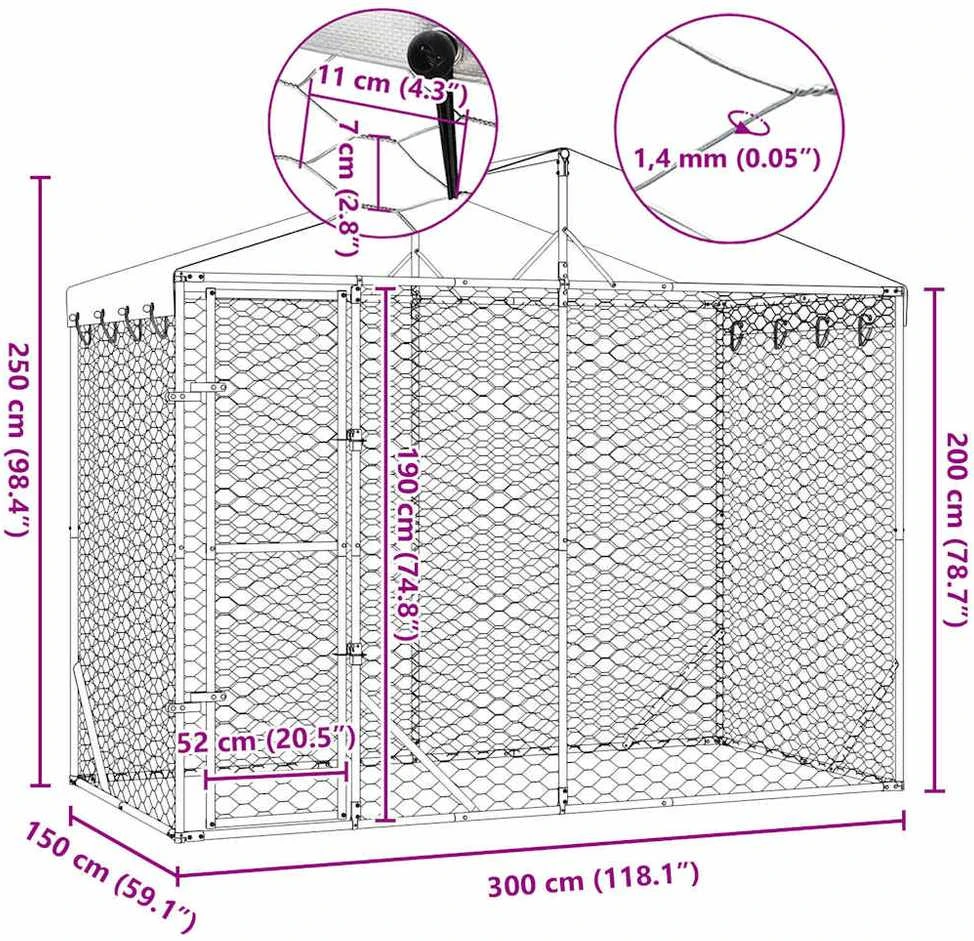 Lauko voljeras šunims su stogu, sidabrinis, 3x1,5x2,5m, plienas