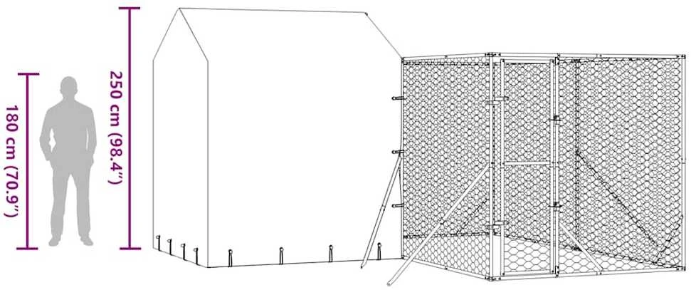 Lauko voljeras šunims su stogu, sidabrinis, 4x4x2,5m, plienas