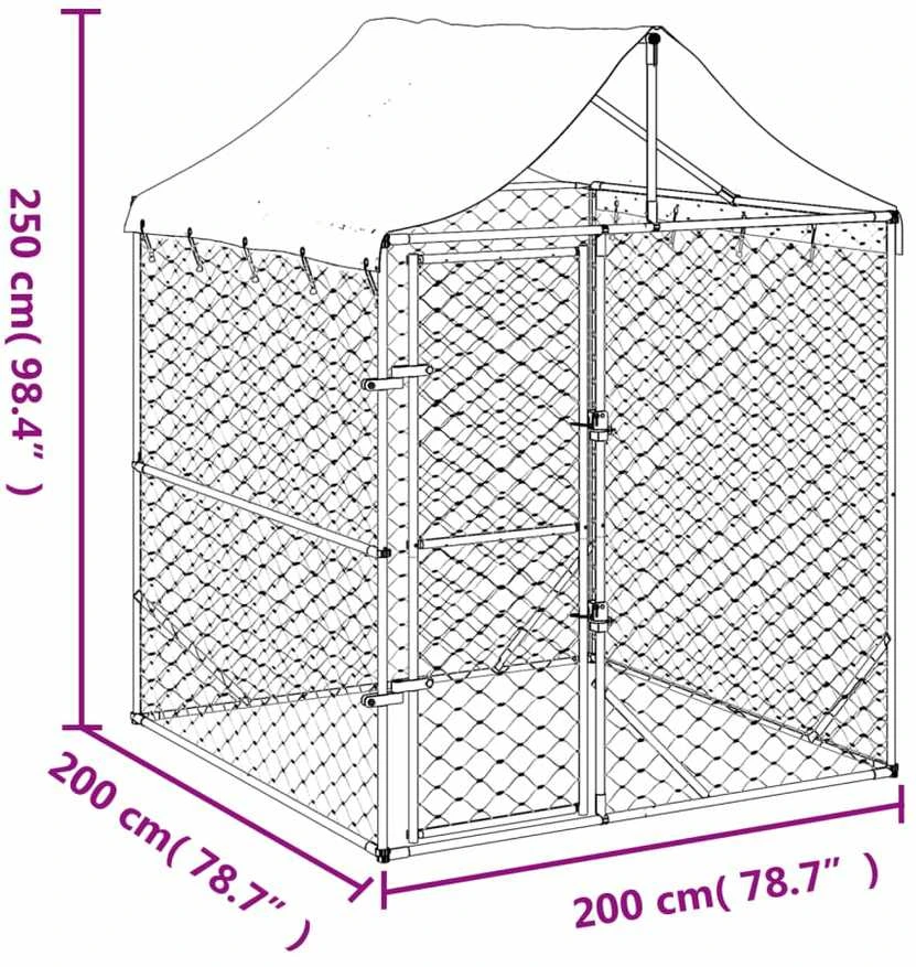 Lauko voljeras šunims su stogu, sidabrinis, 2x2x2,5m, plienas
