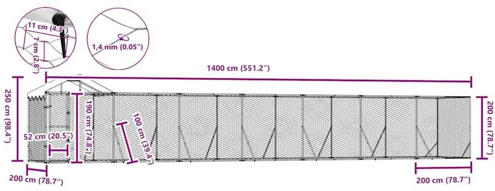 Lauko voljeras šunims su stogu, sidabrinis, 14x2x2,5m, plienas
