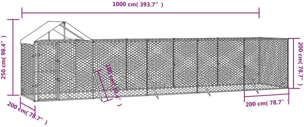 Lauko voljeras šunims su stogu, sidabrinis, 10x2x2,5m, plienas