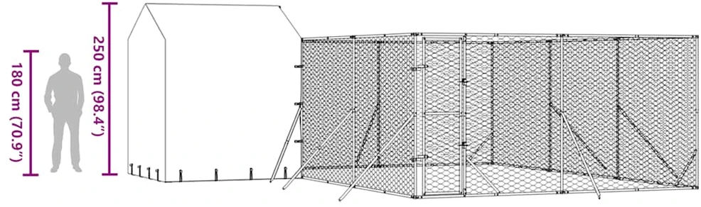 Lauko voljeras šunims su stogu, sidabrinis, 6x6x2,5m, plienas