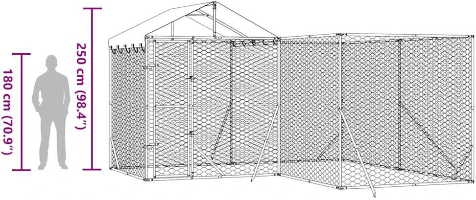 Lauko voljeras šunims su stogu, sidabrinis, 4x4x2,5m, plienas