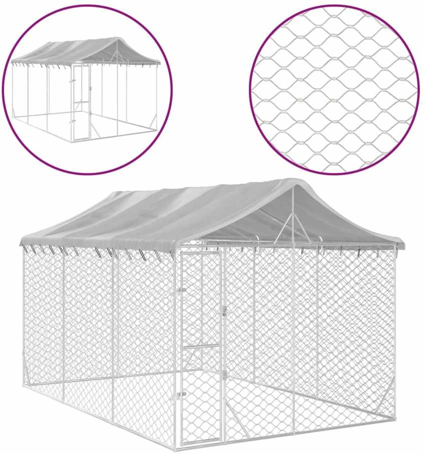 Lauko voljeras šunims su stogu, sidabrinis, 3x4,5x2,5m, plienas