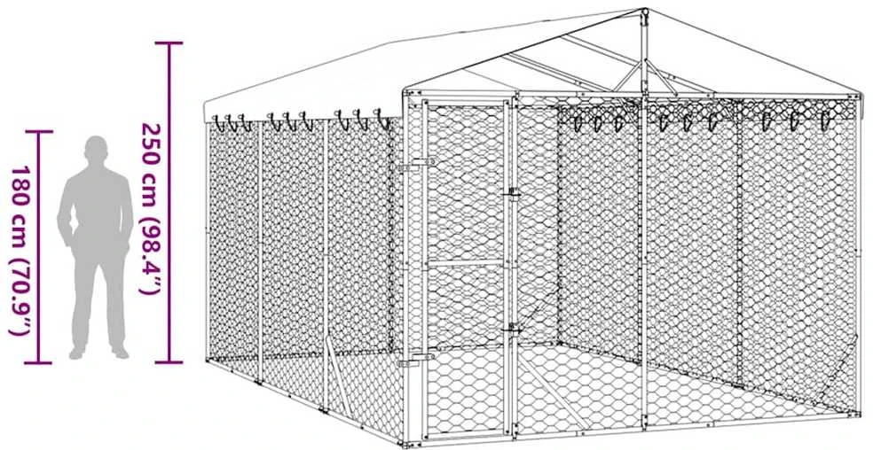 Lauko voljeras šunims su stogu, sidabrinis, 3x4,5x2,5m, plienas