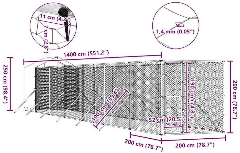 Lauko voljeras šunims su stogu, sidabrinis, 2x14x2,5m, plienas
