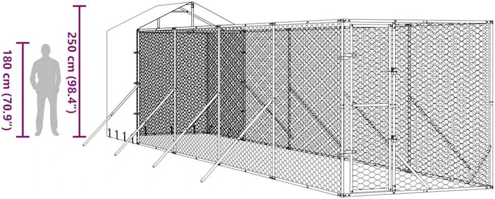 Lauko voljeras šunims su stogu, sidabrinis, 2x10x2,5m, plienas