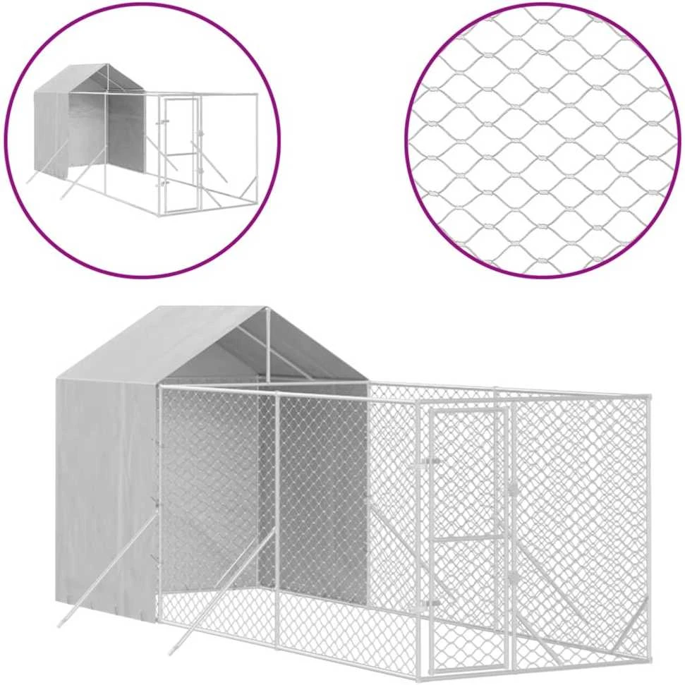 Lauko voljeras šunims su stogu, sidabrinis, 2x6x2,5m, plienas