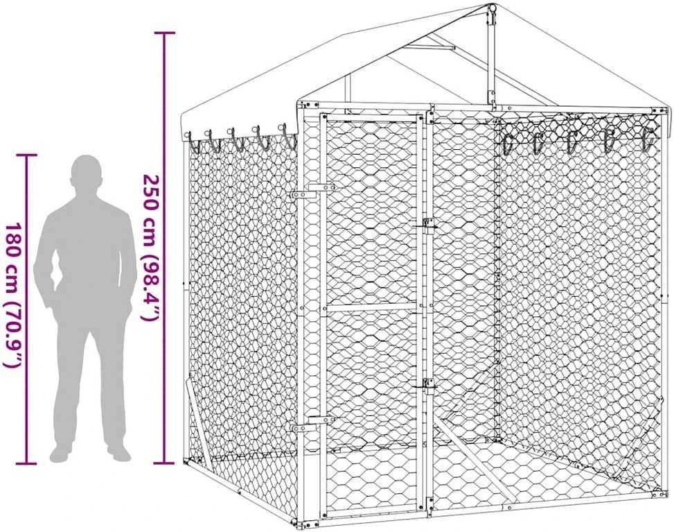Lauko voljeras šunims su stogu, sidabrinis, 2x2x2,5m, plienas