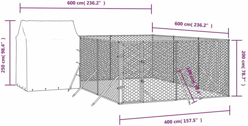 Lauko voljeras šunims su stogu, sidabrinis, 6x6x2,5m, plienas