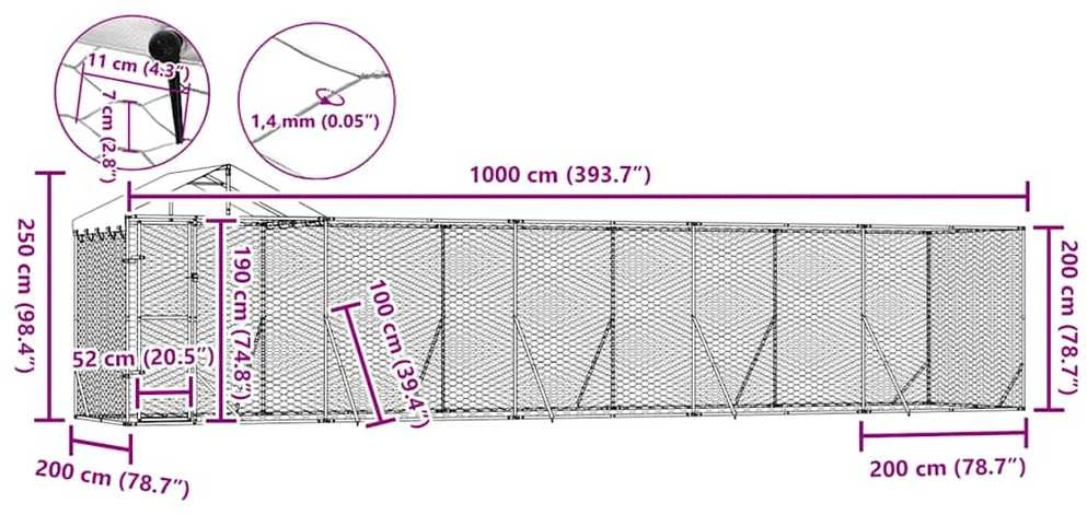 Lauko voljeras šunims su stogu, sidabrinis, 10x2x2,5m, plienas