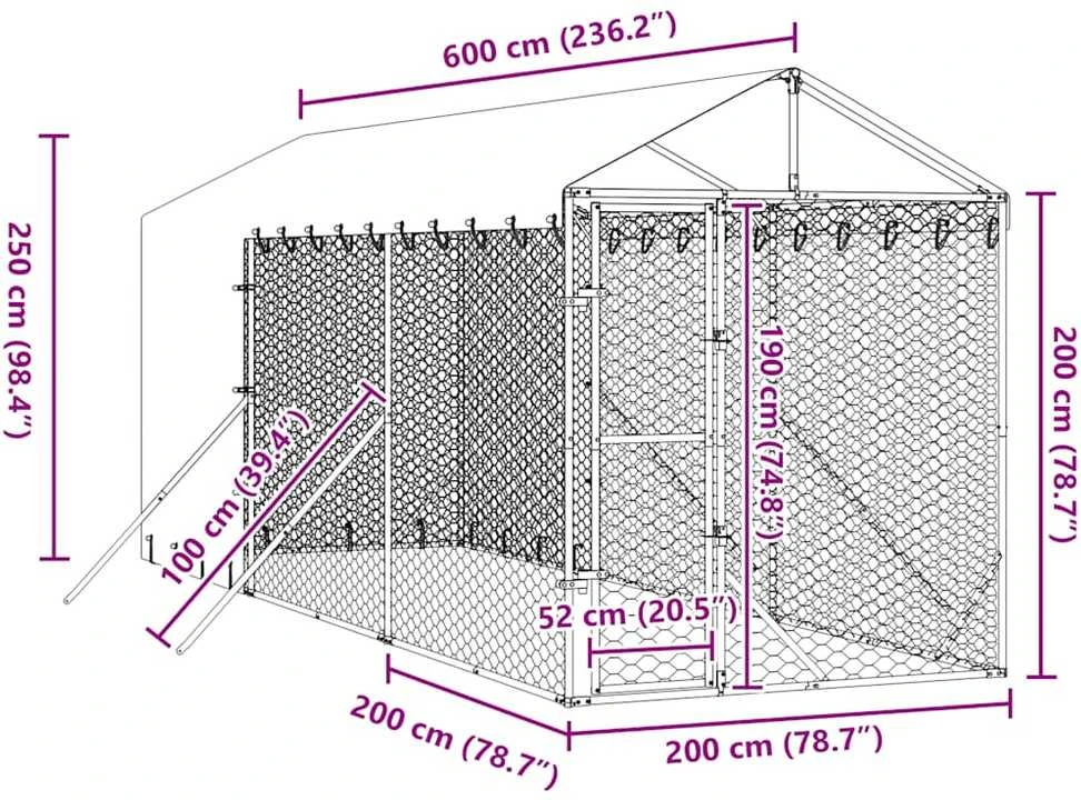 Lauko voljeras šunims su stogu, sidabrinis, 2x6x2,5m, plienas