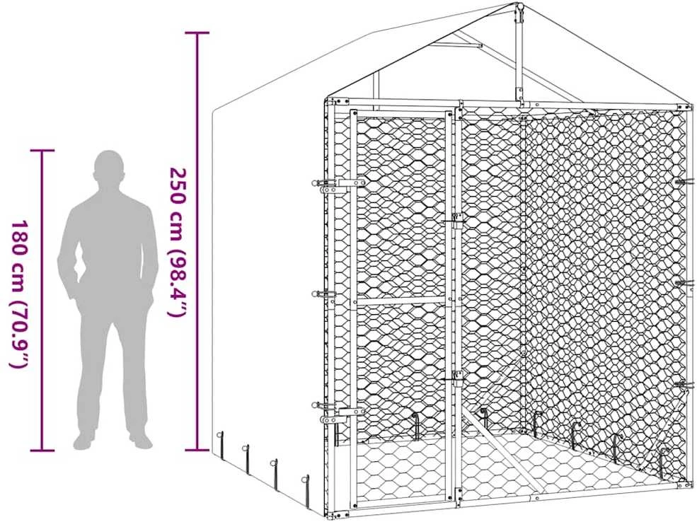 Lauko voljeras šunims su stogu, sidabrinis, 2x2x2,5m, plienas