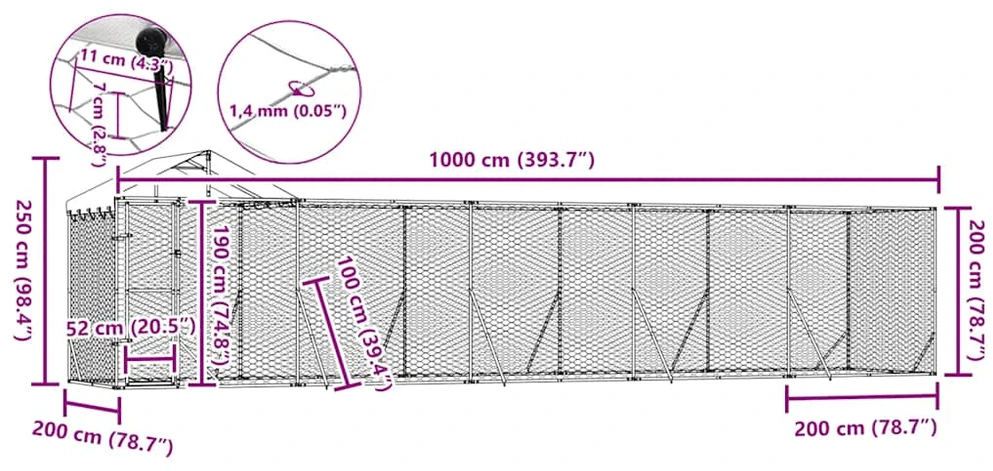Lauko voljeras šunims su stogu, sidabrinis, 10x2x2,5m, plienas