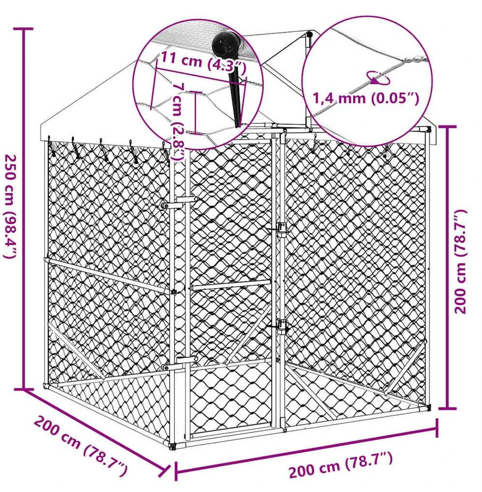 Lauko voljeras šunims su stogu, sidabrinis, 2x2x2,5m, plienas