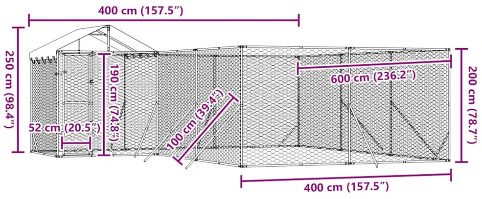 Lauko voljeras šunims su stogu, sidabrinis, 6x6x2,5m, plienas