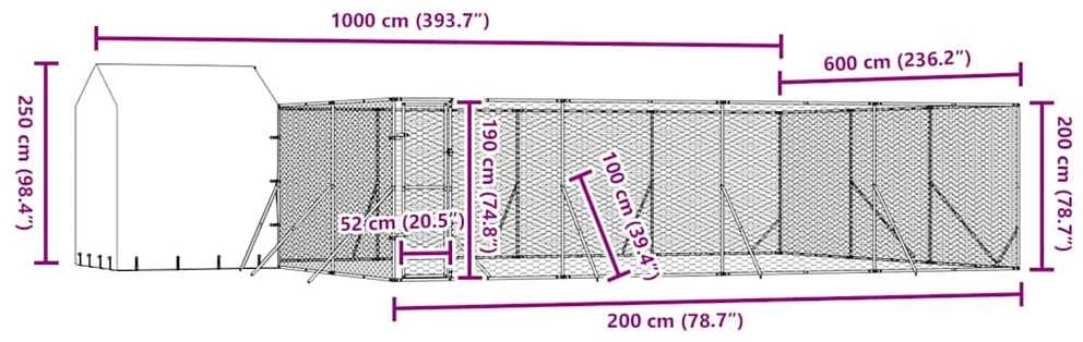 Lauko voljeras šunims su stogu, sidabrinis, 10x6x2,5m, plienas