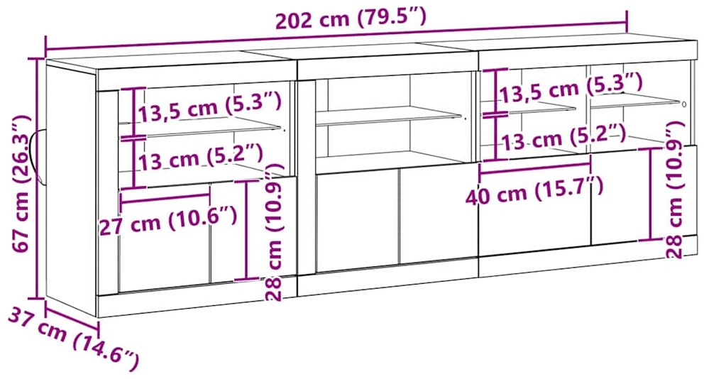 LED Bufetas Senas medis 202 x 37 x 67 cm Apdirbta mediena