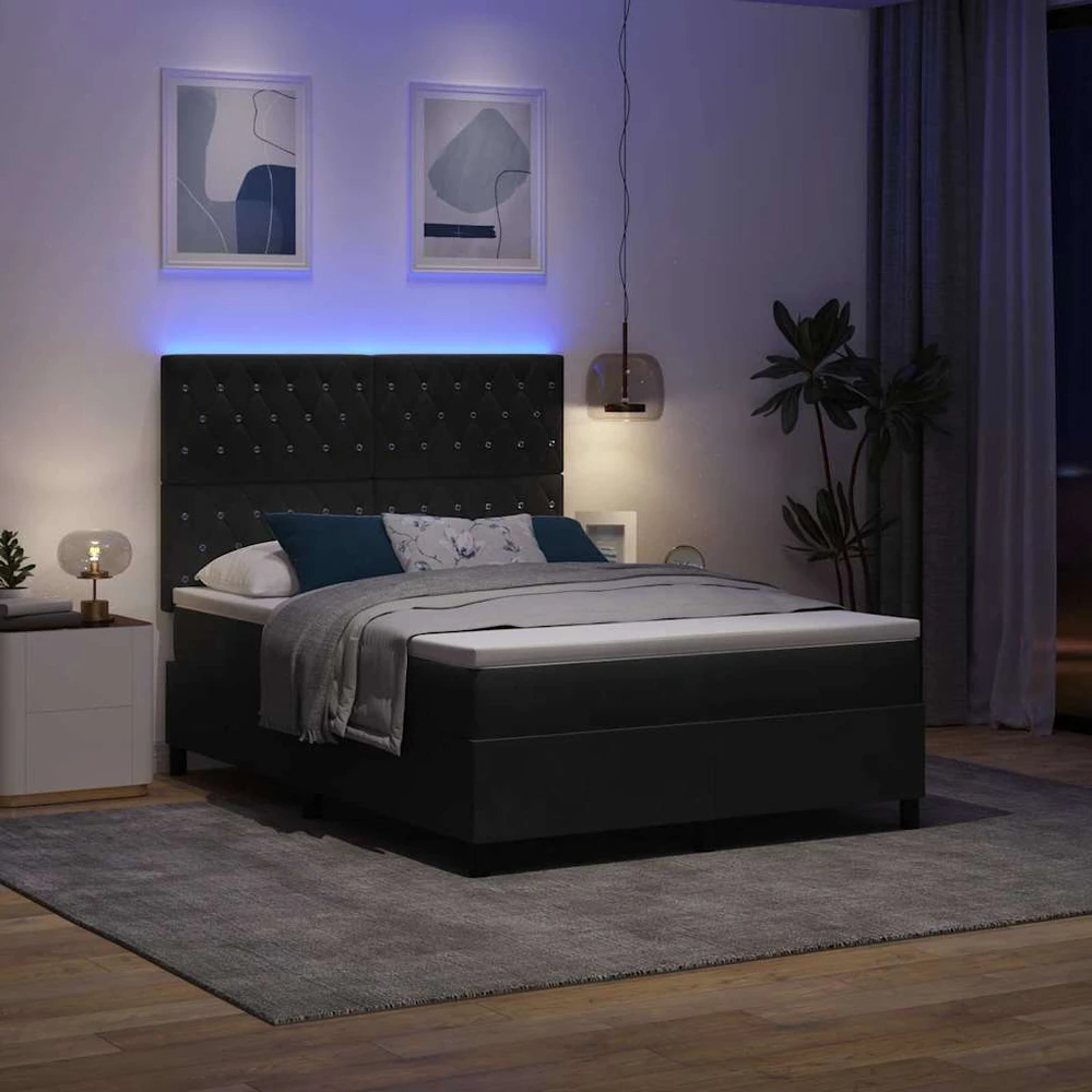 LED Čiužinio Lova su čiužiniu Juodas 140 x 190 cm Aksomas