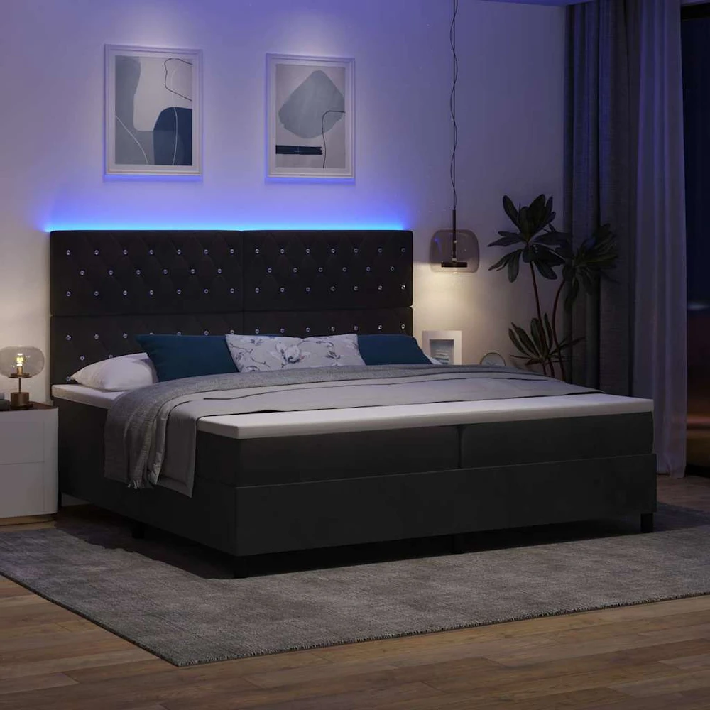 LED Čiužinio Lova su čiužiniu Juodas 200 x 200 cm Aksomas