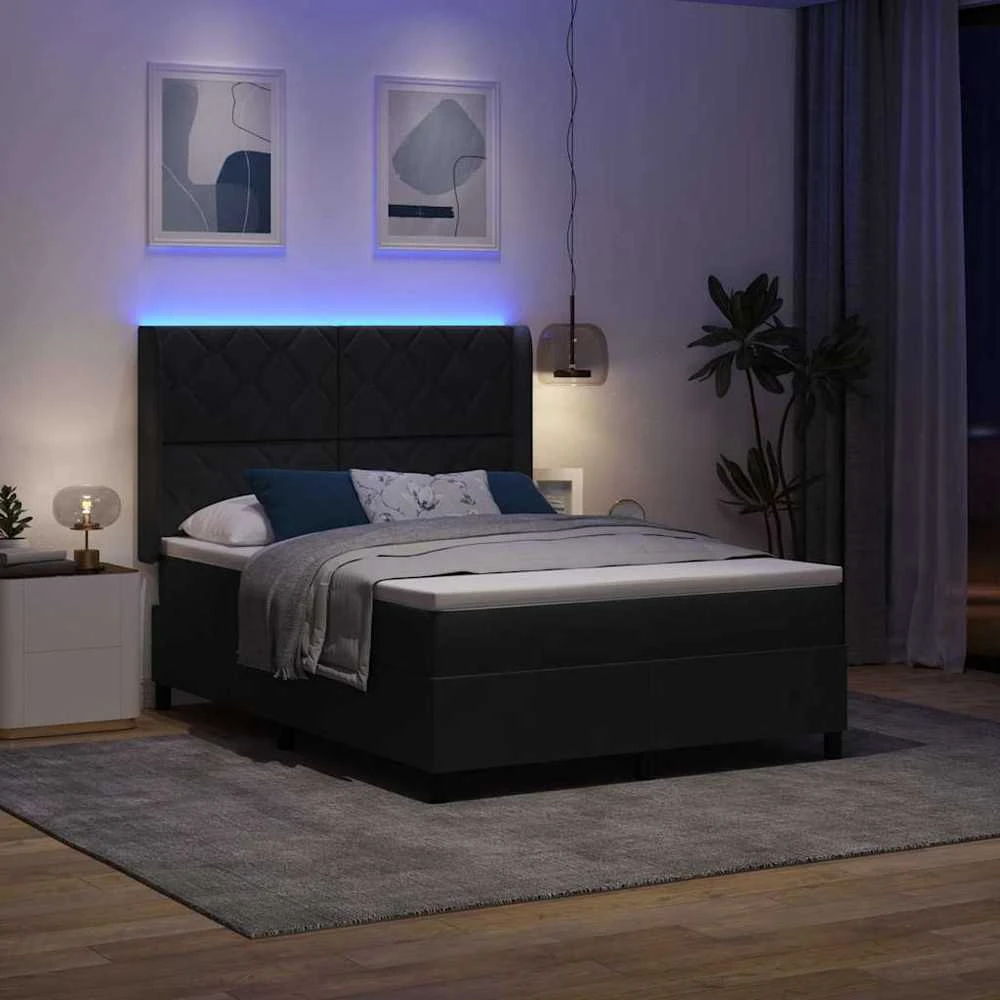 Kiemas lova su LED juostelėmis Juoda 140 x 200 cm Aksomas