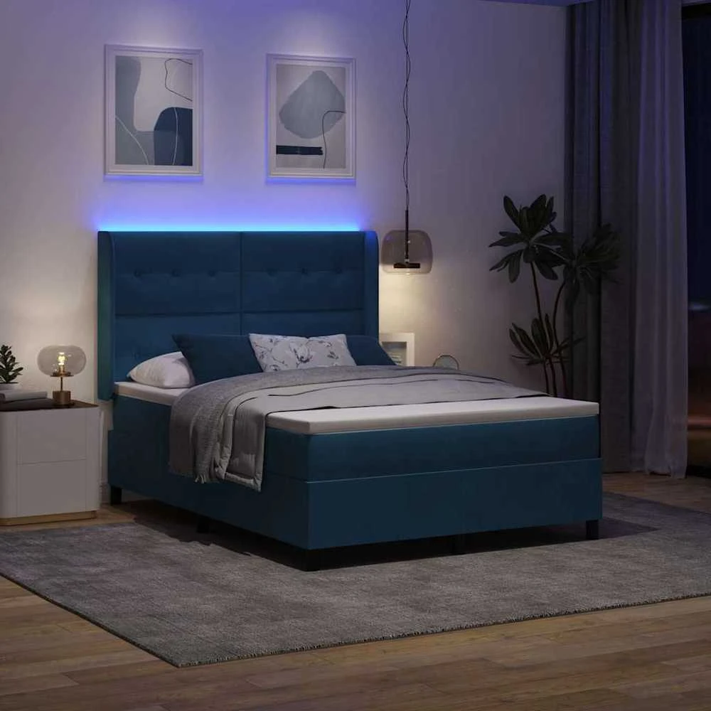 Kiemas lova su LED juostelėmis Mėlyna 160 x 200 cm Aksomas