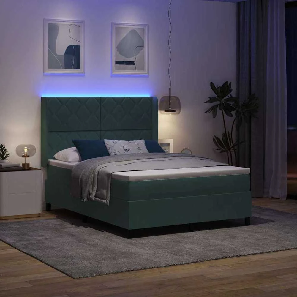 Kiemas lova su LED juostelėmis Žalia 140 x 190 cm Aksomas