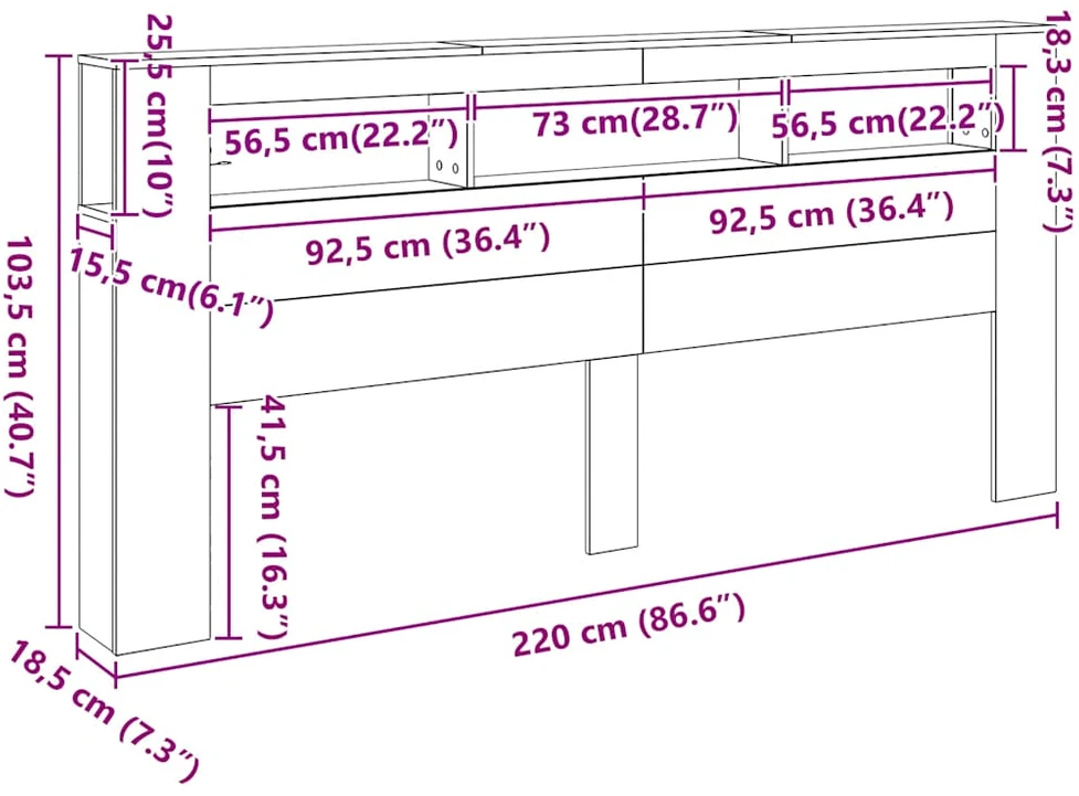 LED galvūgalis, betono, 220x18,5x103,5cm, apdirbta mediena