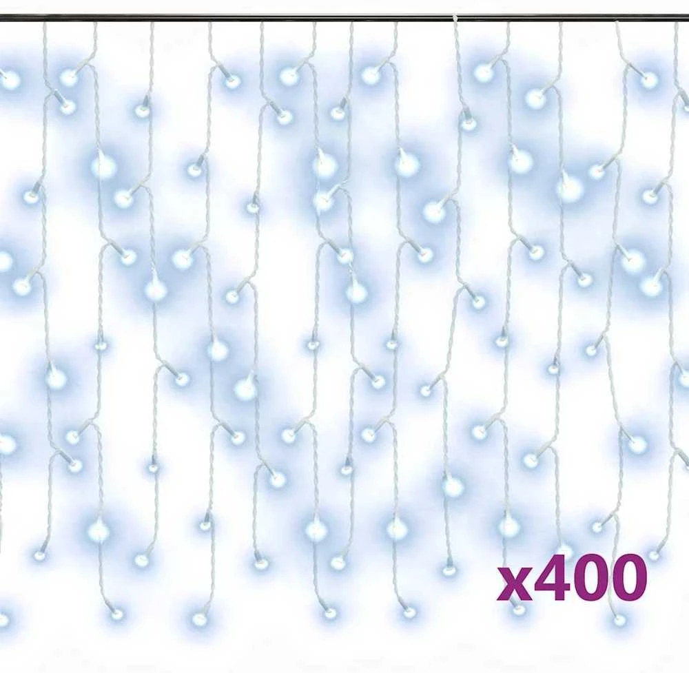 LED girlianda varvekliai, 10m, 400 šaltų baltų LED, 8 funkcijos